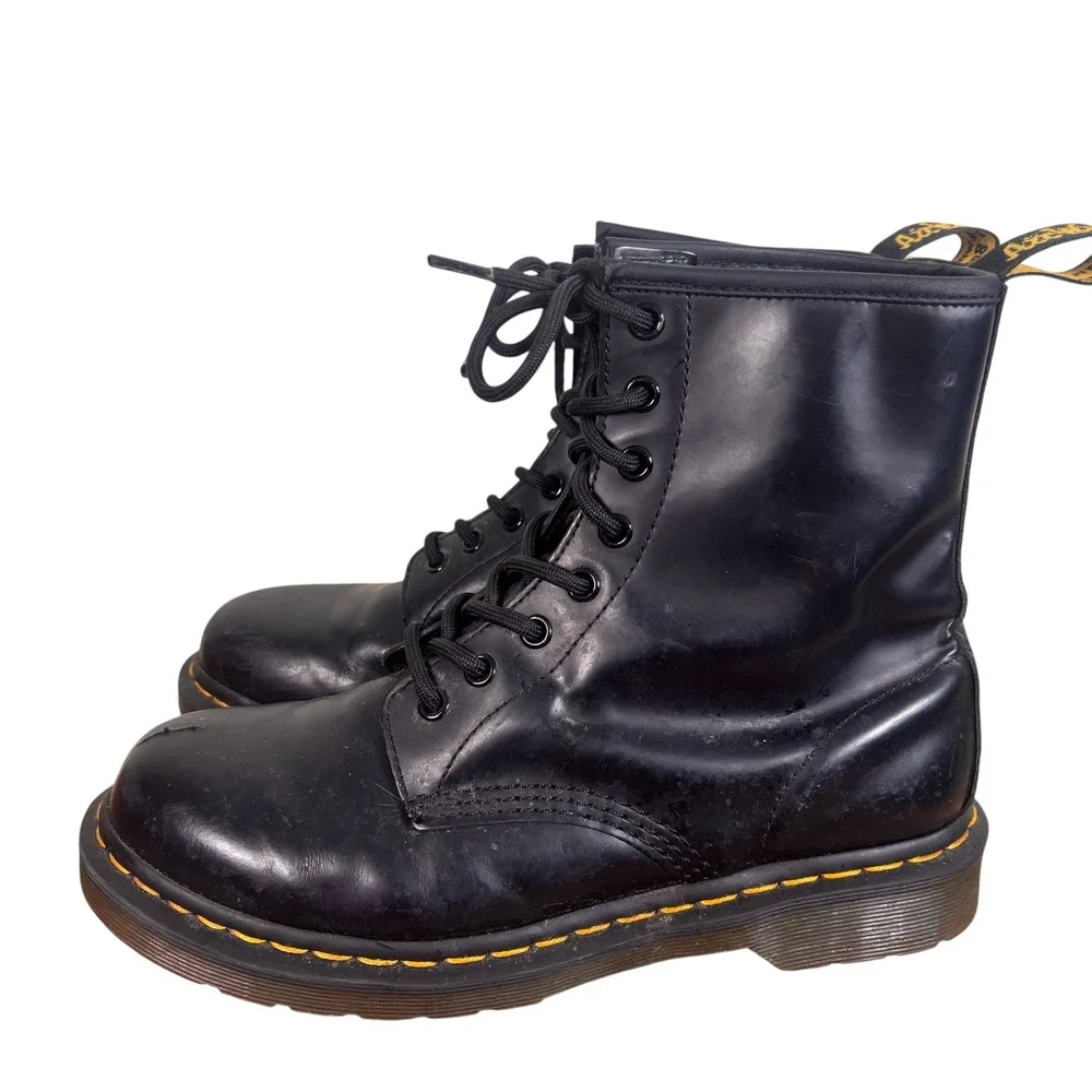 Dr. Martens 1460 Smooth Leather 8-Eye Combat Boots Black Yellow Stitching Sz 8